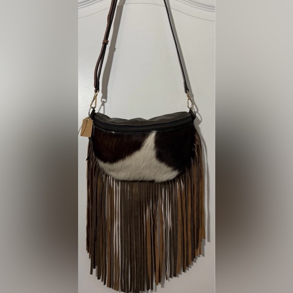 Hand Tooled Cowhide Leather Crossbody Bag Hair-On Brown White Fringe Western - Picture 3 of 12